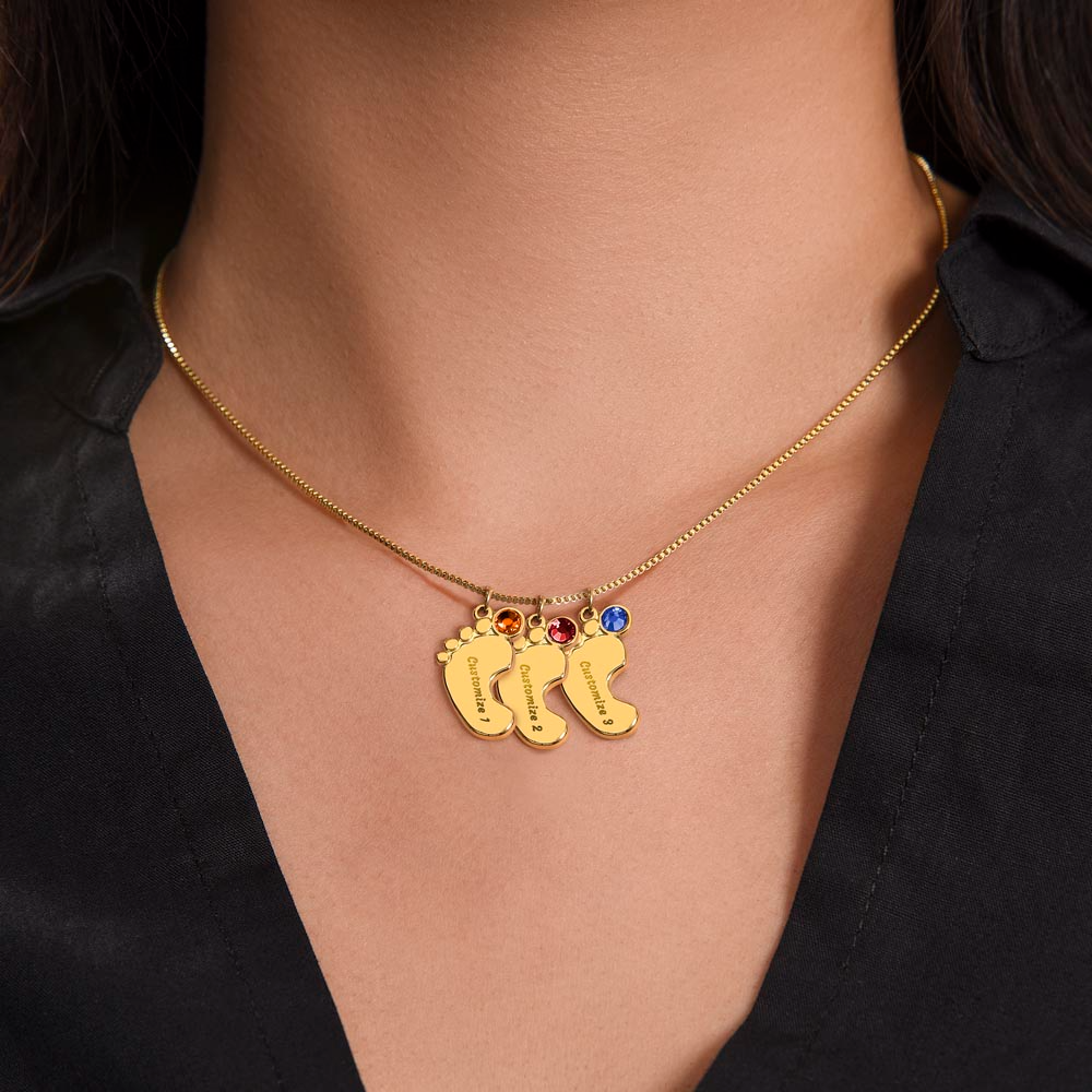 Baby Feet Necklace with Birthstone - Engraved
